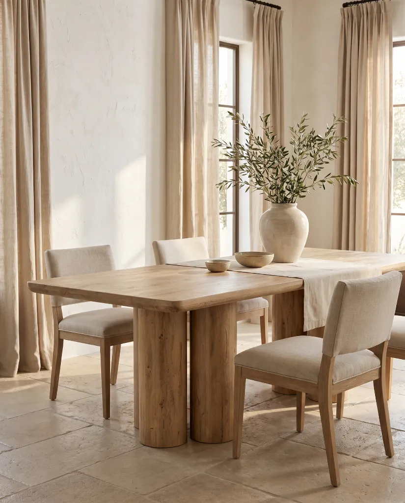 Generated with Kive.ai - Luxury interior photography of a handcrafted solid natural mango wood dining table as the main focal point of the scene. The table is placed in a sophisticated Mediterranean-inspired di (4).webp