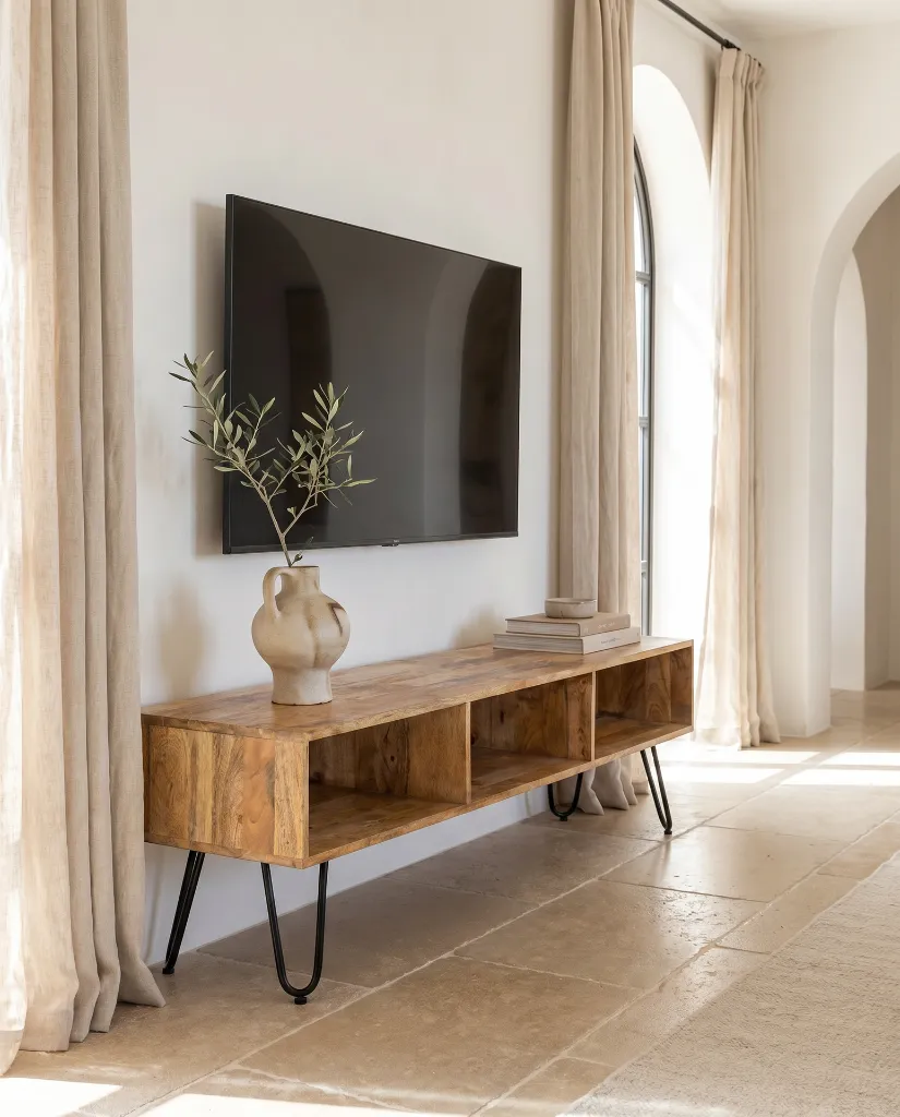Generated with Kive.ai - Luxury interior photography of a handcrafted solid natural mango wood TV cabinet as the main focal point of the scene. The furniture is displayed in a sophisticated Mediterranean-inspir (1).webp