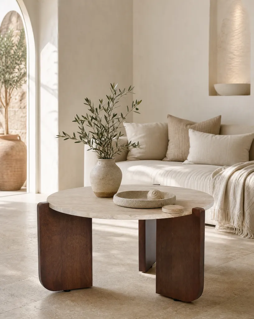 Generated with Kive.ai - Luxury interior photography of a handcrafted solid natural mango wood coffee table as the central focal point of a Mediterranean-inspired living room. The space is designed with contemp (2).webp
