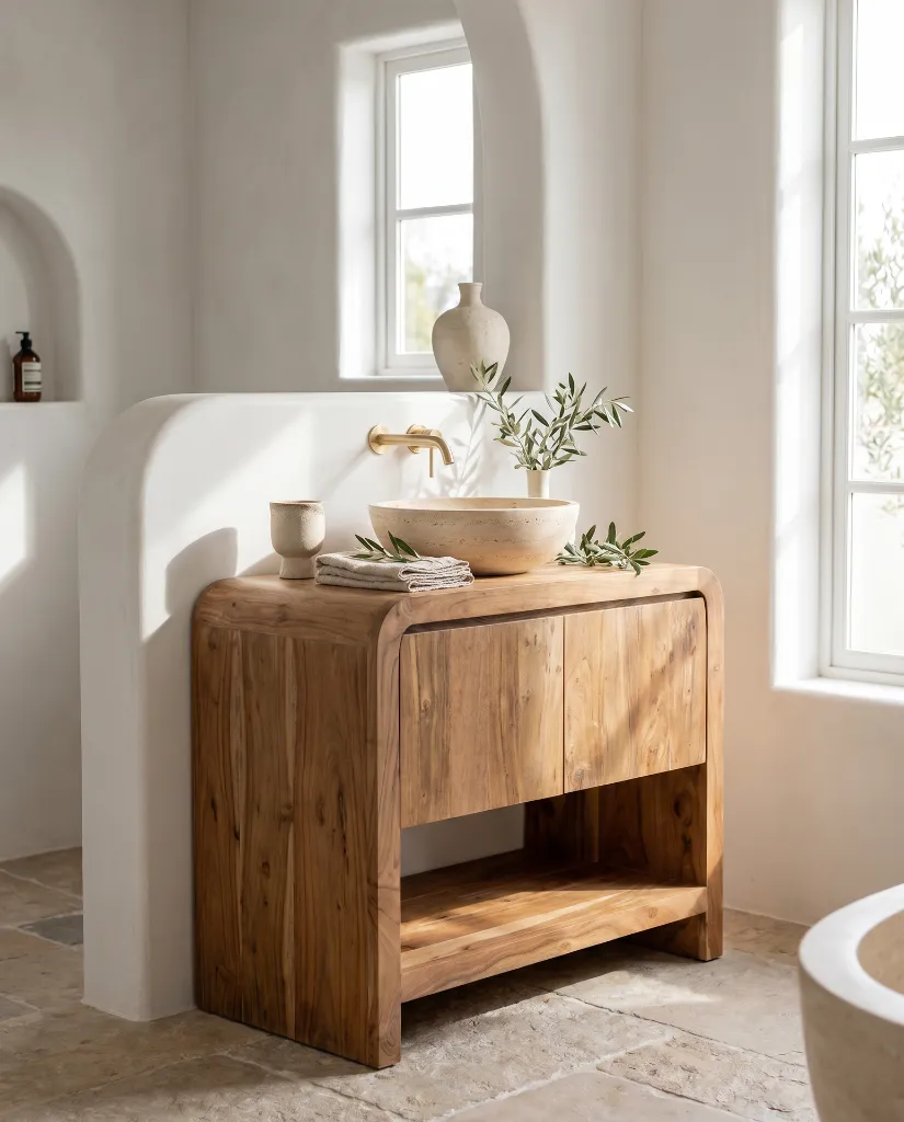 Generated with Kive.ai - Luxury interior photography of a handcrafted solid natural acacia wood bathroom vanity as the main focal point of a sophisticated Mediterranean-inspired bathroom. The space combines contemp.webp