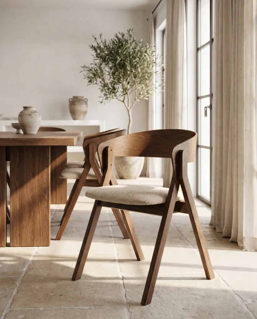 Generated with Kive.ai - Luxury interior photography of a handcrafted dining chair as the main focal point of a Mediterranean-inspired dining room. The composition is designed so the chair is the absolute prota (1).webp