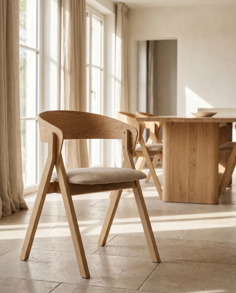 Generated with Kive.ai - Luxury interior photography of a handcrafted dining chair as the main focal point of a Mediterranean-inspired dining room. The composition is designed so the chair is the absolute prota (3).webp