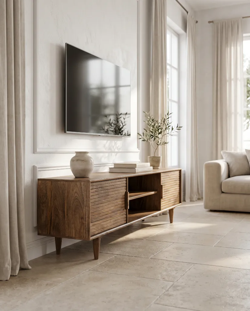 Generated with Kive.ai - Luxury interior photography of a handcrafted solid wood TV cabinet as the main focal point of a sophisticated Mediterranean-inspired living room. The composition is carefully designed s (1).webp