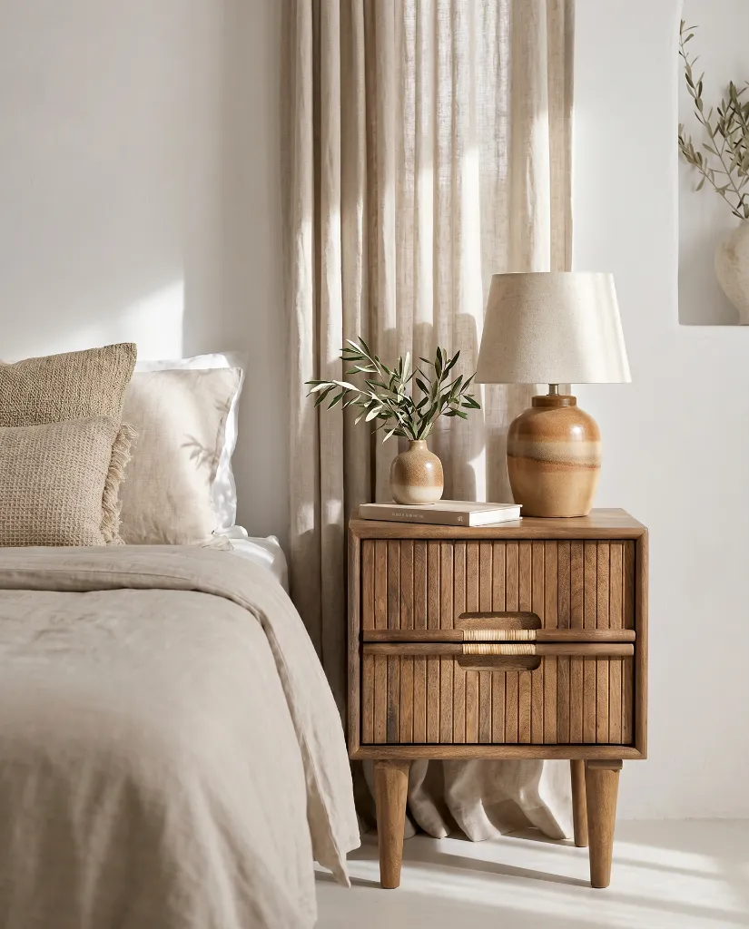Generated with Kive.ai - Luxury interior photography of a handcrafted solid wood bedside table as the main focal point of a sophisticated Mediterranean-inspired bedroom. The composition is carefully designed so (1).webp