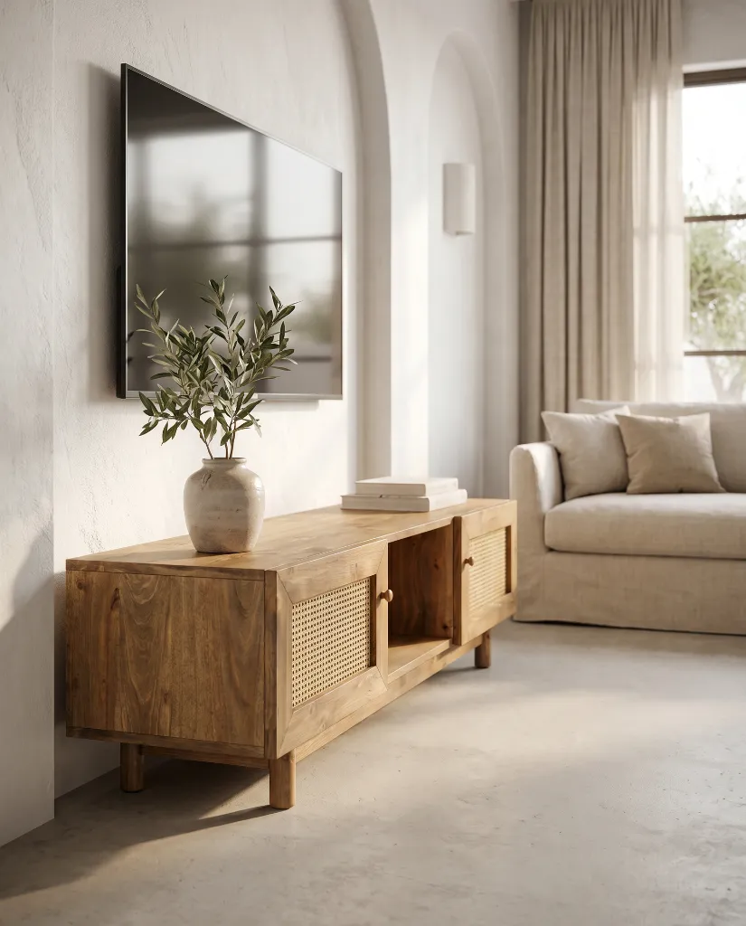 Generated with Kive.ai - Luxury interior photography of a handcrafted solid natural mango wood TV cabinet as the main focal point of a sophisticated Mediterranean-inspired living room. The composition is carefu (1).webp