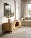 Generated with Kive.ai - Luxury interior photography of a handcrafted solid natural mango wood TV cabinet as the main focal point of a sophisticated Mediterranean-inspired living room. The composition is carefu (1).webp
