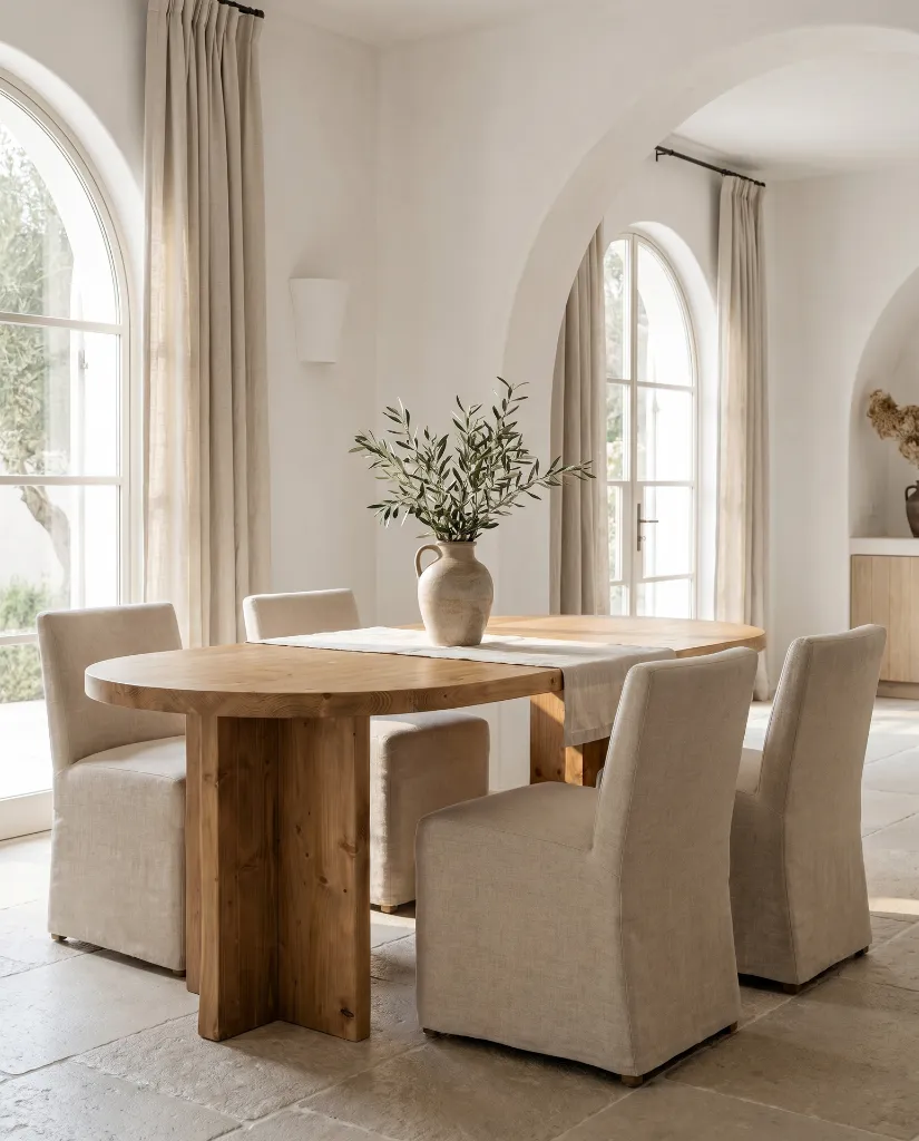 Generated with Kive.ai - Luxury interior photography of a handcrafted solid natural mango wood dining table as the absolute focal point of a sophisticated Mediterranean-inspired dining room. The dining table oc (2).webp