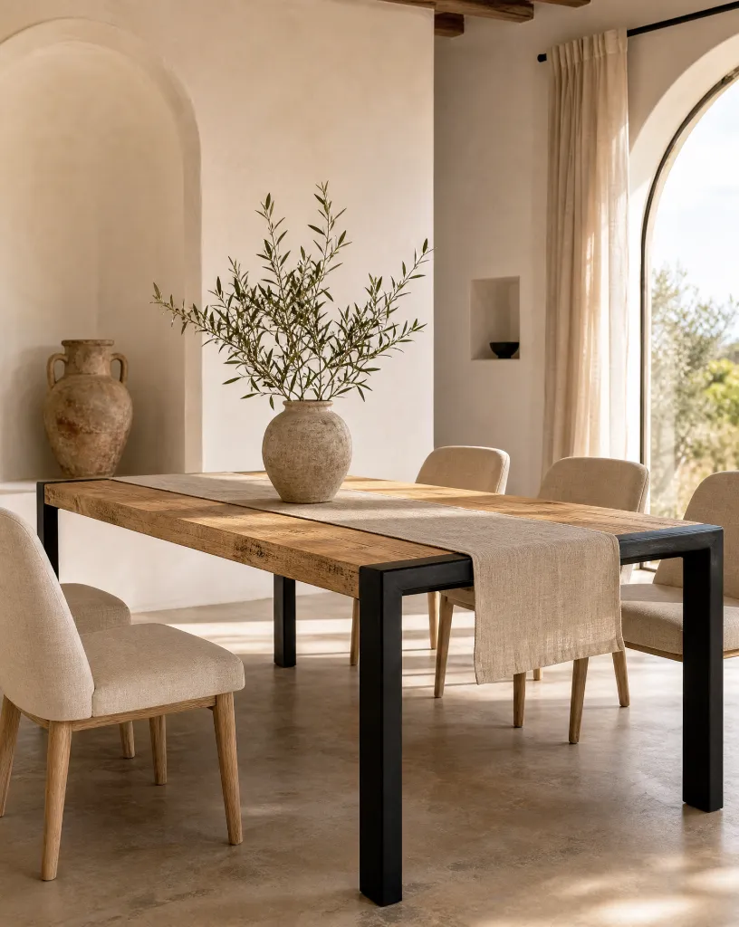 Generated with Kive.ai - Luxury interior photography of a handcrafted solid natural mango wood dining table as the absolute focal point of a sophisticated Mediterranean-inspired dining room. The dining table oc (3).webp