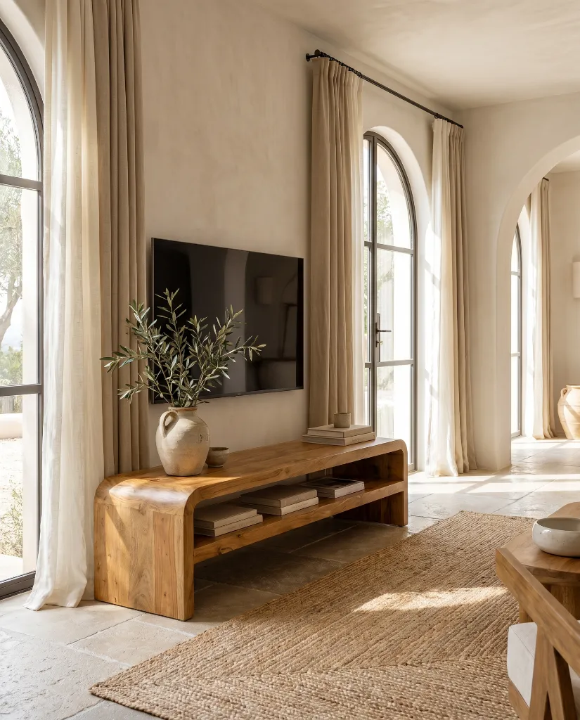 Generated with Kive.ai - Luxury interior photography of a handcrafted TV cabinet made entirely of solid natural mango wood as the absolute focal point of a sophisticated Mediterranean-inspired living room. The  (2).webp