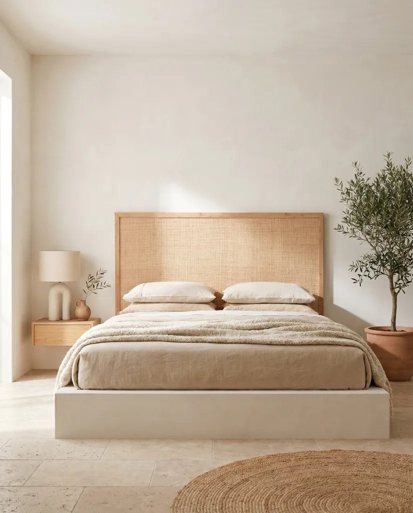 Generated with Kive.ai - A Mediterranean contemporary minimalist bedroom with a very clean_ balanced composition. The space is bright and filled with soft natural daylight coming from a side window out of frame (1).webp
