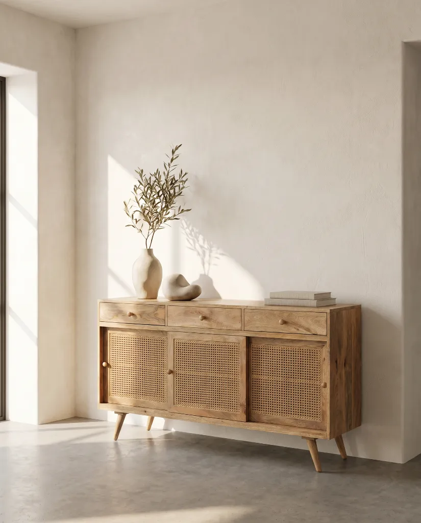 Generated with Kive.ai - A Mediterranean contemporary minimalist interior featuring a high-end mango wood sideboard as the main focal point. The composition is extremely clean_ balanced_ and editorial in style. (1).webp