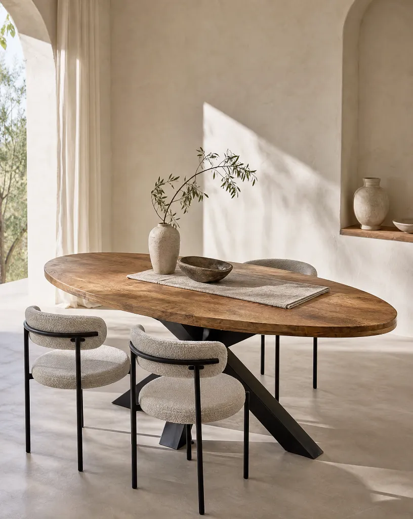 Generated with Kive.ai - A Mediterranean contemporary minimalist dining room with a strong focus on a mango wood dining table with black steel legs as the main centerpiece. The composition is clean_ balanced_ and e.webp