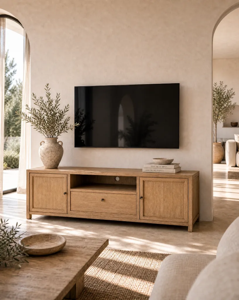 Generated with Kive.ai - Create a new image of the same living room and the same wooden media console from a different perspective a refined three-quarter angle view_ slightly from the left_ as if photographed by a.webp