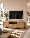 Generated with Kive.ai - Create a new image of the same living room and the same wooden media console from a different perspective a refined three-quarter angle view_ slightly from the left_ as if photographed by a.webp