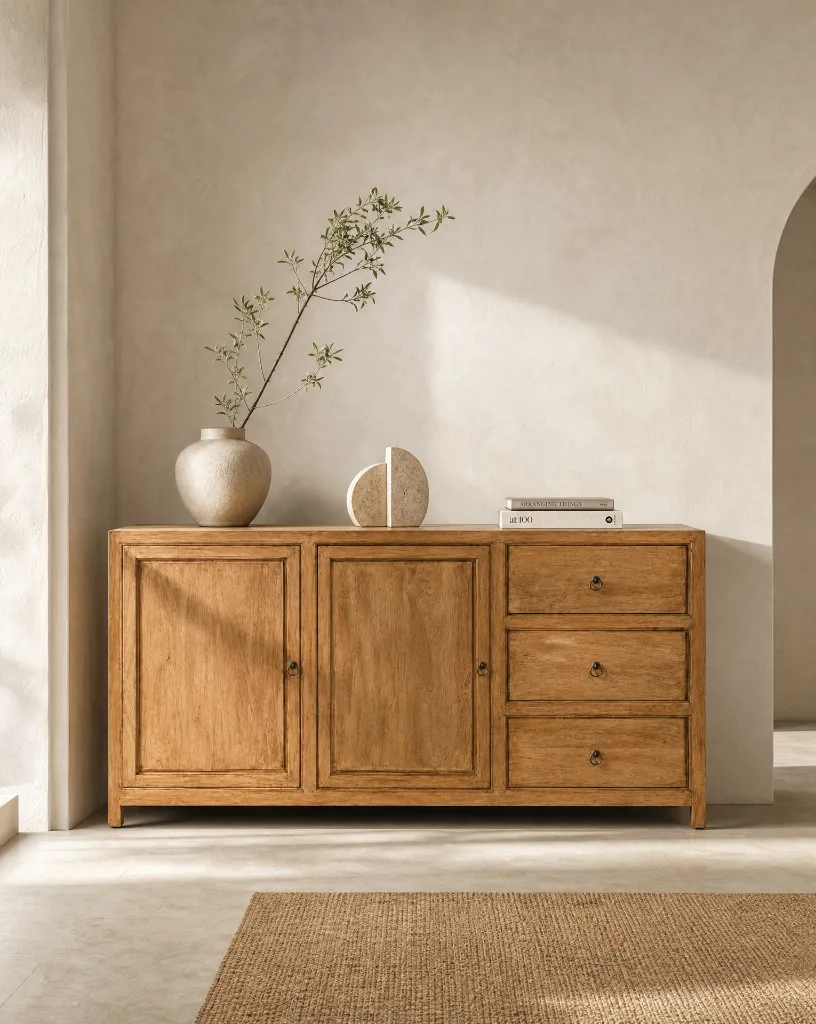 Generated with Kive.ai - Wooden sideboard cabinet A Mediterranean contemporary minimalist interior featuring a high-end mango wood sideboard as the main focal point. The composition is extremely clean_ balanced_ an.webp
