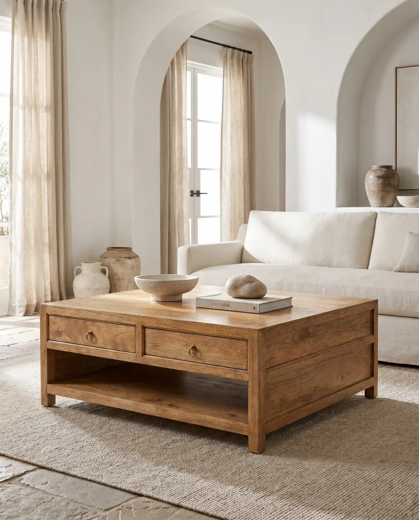 Generated with Kive.ai - Luxury interior photography of a handcrafted coffee table made entirely of solid natural mango wood as the absolute focal point of a sophisticated Mediterranean-inspired living room. Th (4).webp