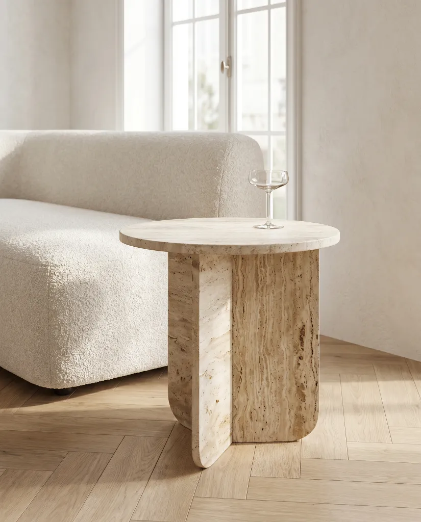 Generated with Kive.ai - Ultra-photorealistic luxury interior photography featuring a modern side table as the main focal point. The side table is positioned next to a contemporary off-white bouclé sofa_ but th (3).webp