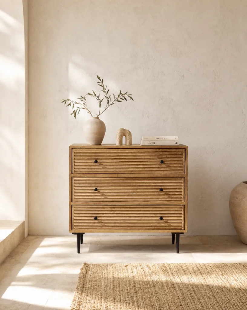 Generated with Kive.ai - A Mediterranean contemporary minimalist interior featuring a high-end mango wood sideboard as the main focal point. The composition is extremely clean_ balanced_ and editorial in style. (4).webp