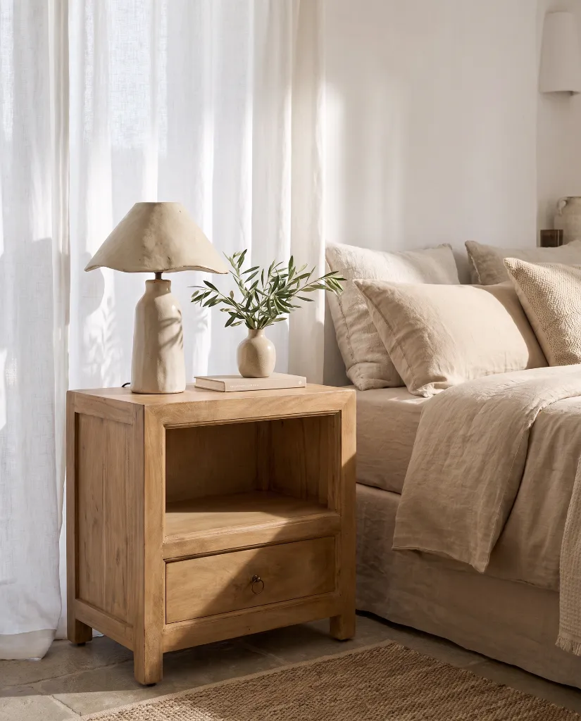 Generated with Kive.ai - Luxury interior photography of a handcrafted solid wood bedside table as the main focal point of a sophisticated Mediterranean-inspired bedroom. The composition is carefully designed so (5).webp