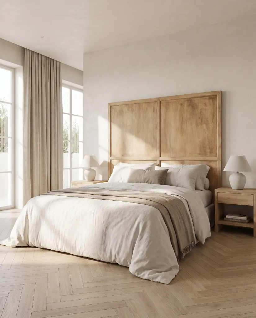 Generated with Kive.ai - Wooden table top Ultra-photorealistic luxury bedroom interior featuring a modern headboard as the absolute focal point. The headboard is perfectly centered behind a neatly made bed with (1).webp
