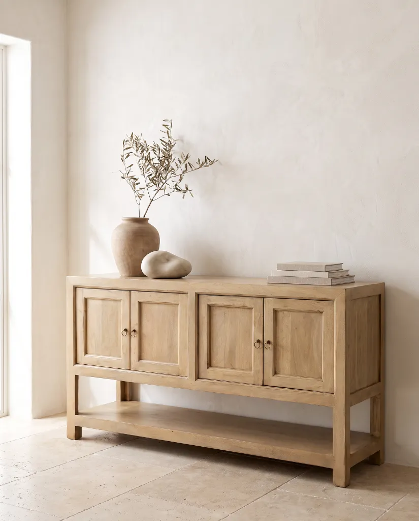 Generated with Kive.ai - A Mediterranean contemporary minimalist interior featuring a high-end mango wood sideboard as the main focal point. The composition is extremely clean_ balanced_ and editorial in style (11).webp