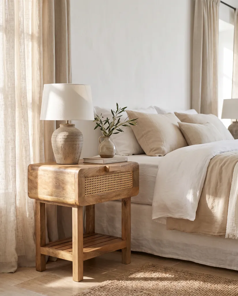 Generated with Kive.ai - Luxury interior photography of a handcrafted solid wood bedside table as the main focal point of a sophisticated Mediterranean-inspired bedroom. The composition is carefully designed so (7).webp
