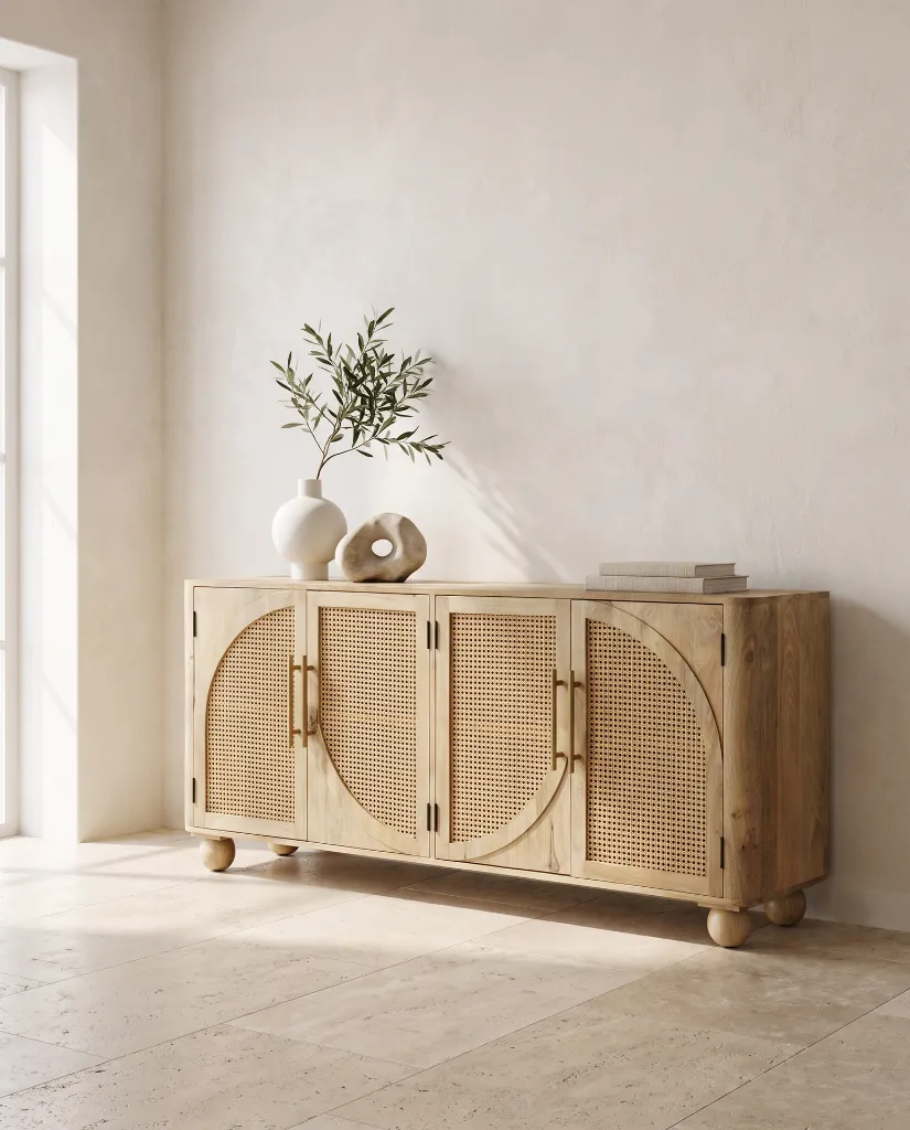 Generated with Kive.ai - Wooden cane sideboard A Mediterranean contemporary minimalist interior featuring a high-end mango wood sideboard as the main focal point. The composition is extremely clean_ balanced_ a (2).webp