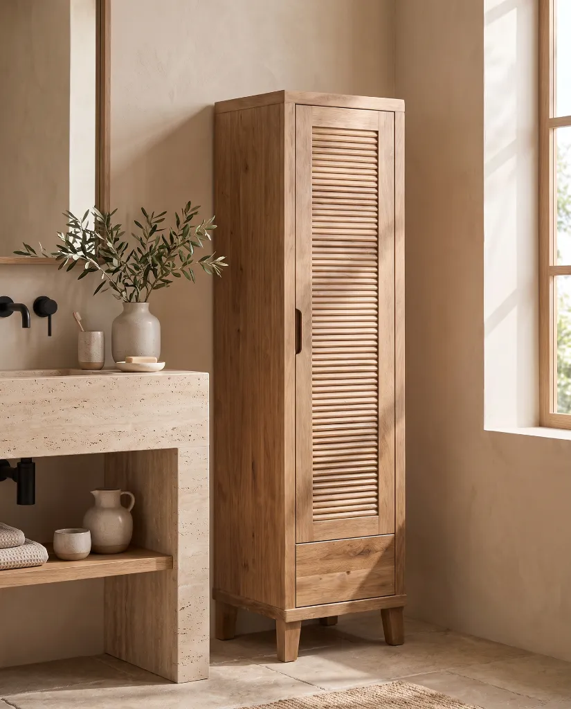 Generated with Kive.ai - A tall_ narrow bathroom storage cabinet crafted from solid natural oak wood with a warm matte finish. Scandinavian and Japandi design_ featuring a full-height horizontal slatted (louver (1).webp