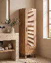 Generated with Kive.ai - A tall_ narrow bathroom storage cabinet crafted from solid natural oak wood with a warm matte finish. Scandinavian and Japandi design_ featuring a full-height horizontal slatted (louver (1).webp