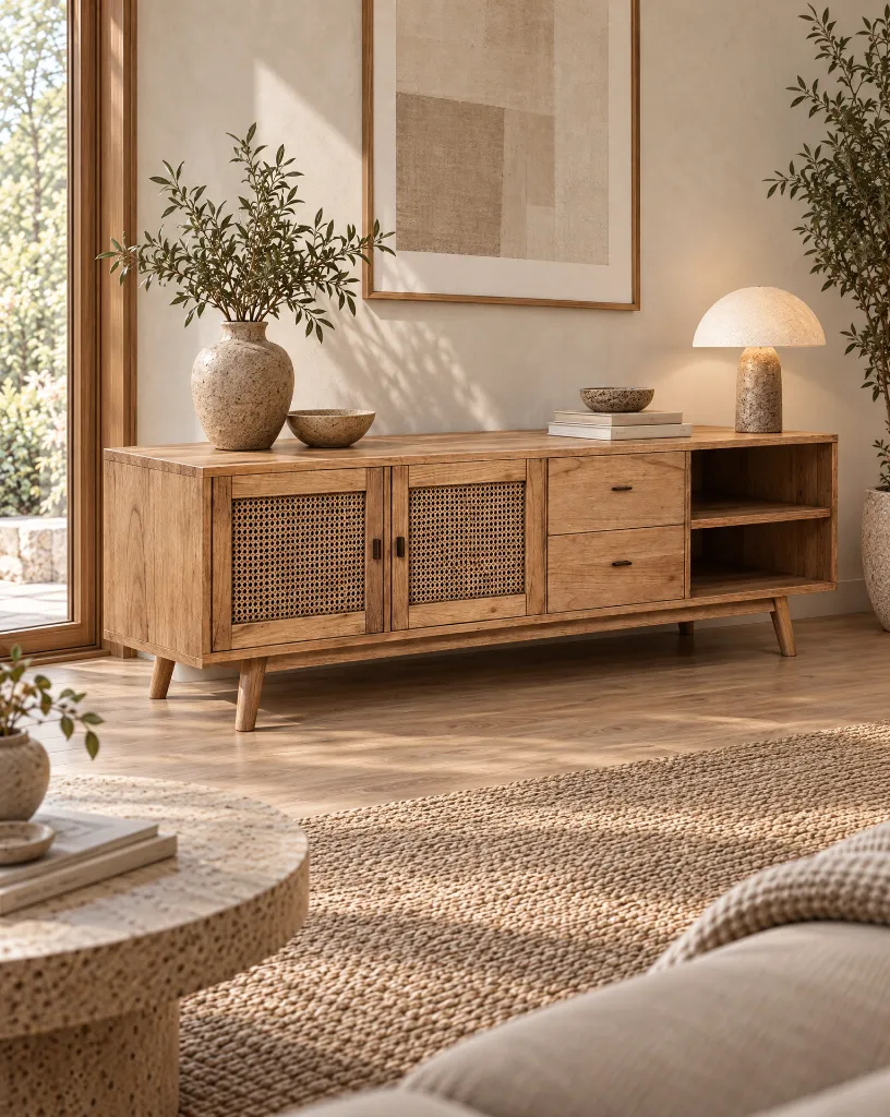 Generated with Kive.ai - Crea una nueva toma del mismo salón y del mismo mueble. Usa Image 1 como referencia principal para conservar la identidad exacta del mueble_ sus proporciones_ estructura_ madera_ veta_ puer.webp