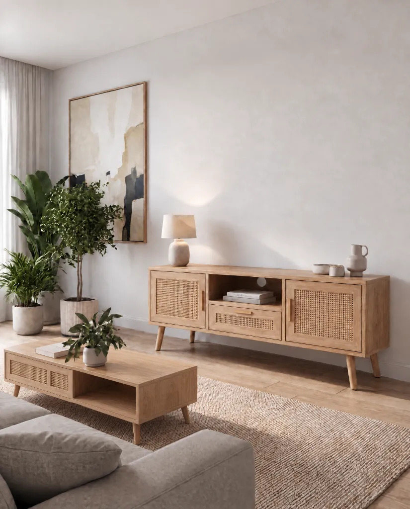 Generated with Kive.ai - Edit Image 1 only. Keep the entire living room exactly unchanged same wall_ artwork_ curtains_ plants_ sofa_ rug_ TV-free wall_ TV sideboard_ ceramics_ lighting_ shadows_ camera angle_ pers.webp