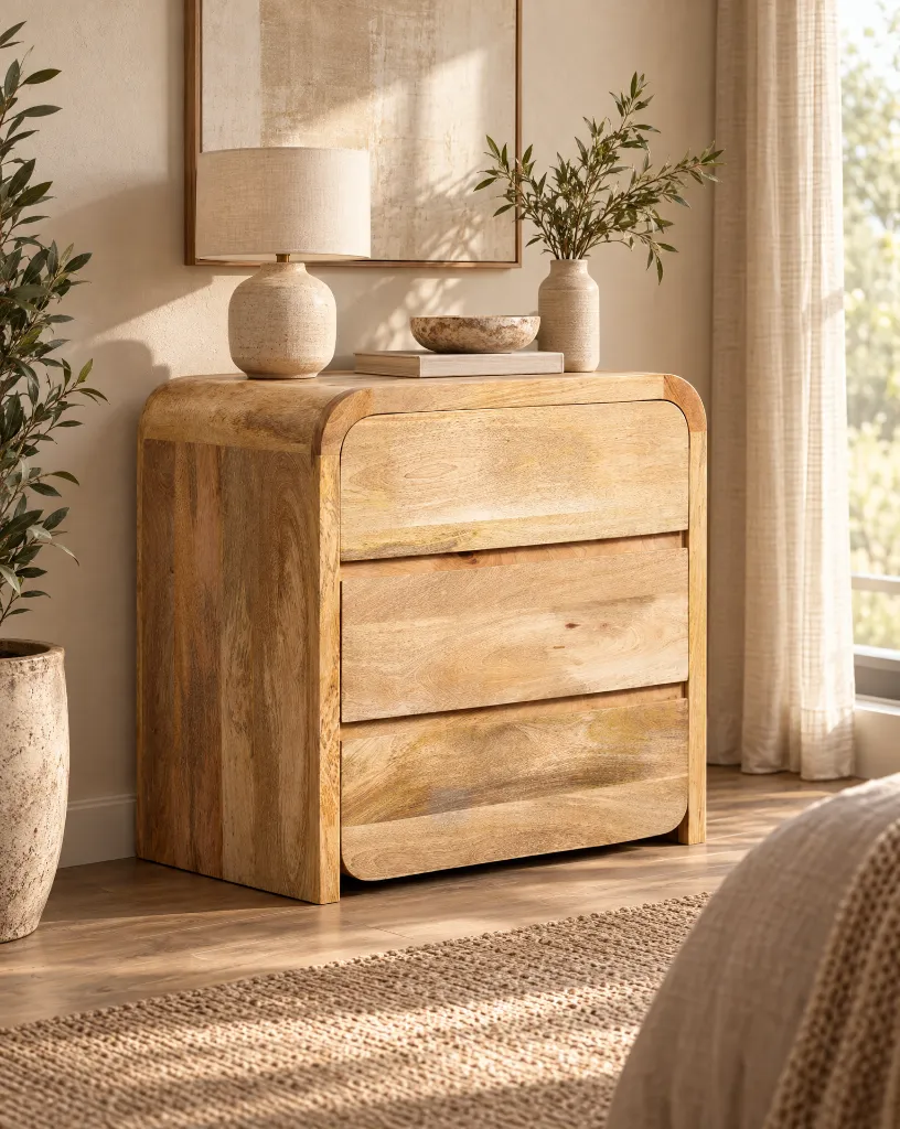 Generated with Kive.ai - Create a high-end photorealistic interior design image featuring a modern rustic chest of drawers. The furniture piece is a compact rectangular chest of drawers with exact dimensions of 80 .webp