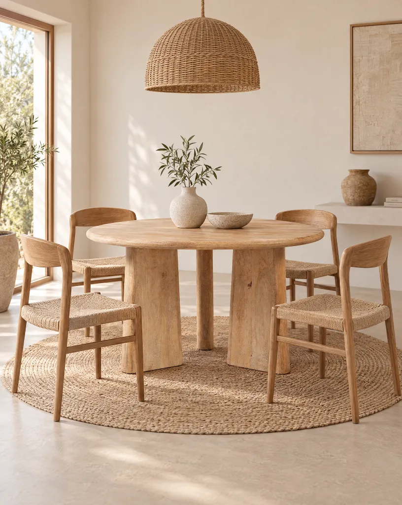 Generated with Kive.ai - Wooden side table crear una imagen de alta calidad con esta mesa de comedor de 120 cm de diametro y 77 cm de altura_ en un comedor minimalista y estilo boho_ con pocos objetos muy minim (1).webp