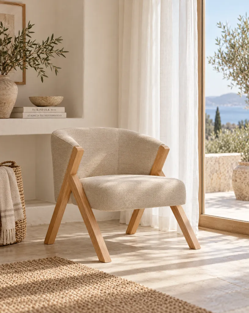 Generated with Kive.ai - crear una imagen de esta butaca cerca de una ventana bonita con cortinas blancas_ minimalista y un pequeño toque mediterraneo Upholstered wooden chair.webp