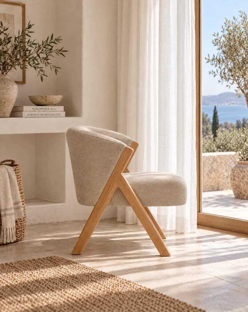 Generated with Kive.ai - Upholstered wooden chair Create a new photograph of this same chair in the same Mediterranean room. Camera move 90° around to the side of the chair_ keeping the same camera height and dista.webp